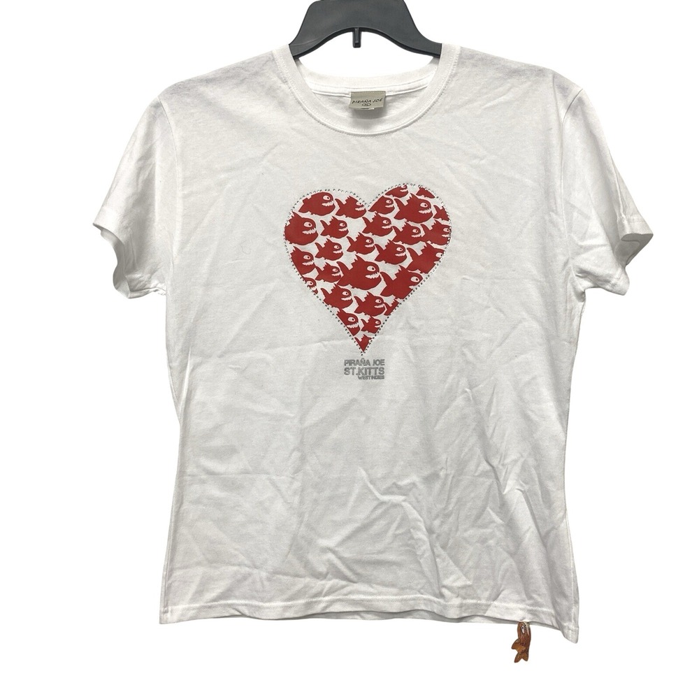 Pirana Joe Jamaica Shirt Mens XL White Heart Fish Tee Love Valentines Classic